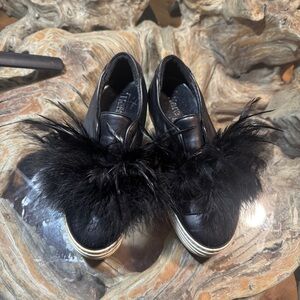 Hear/Now Pom Pom Feather & Leather Platform Slip on Sneakers